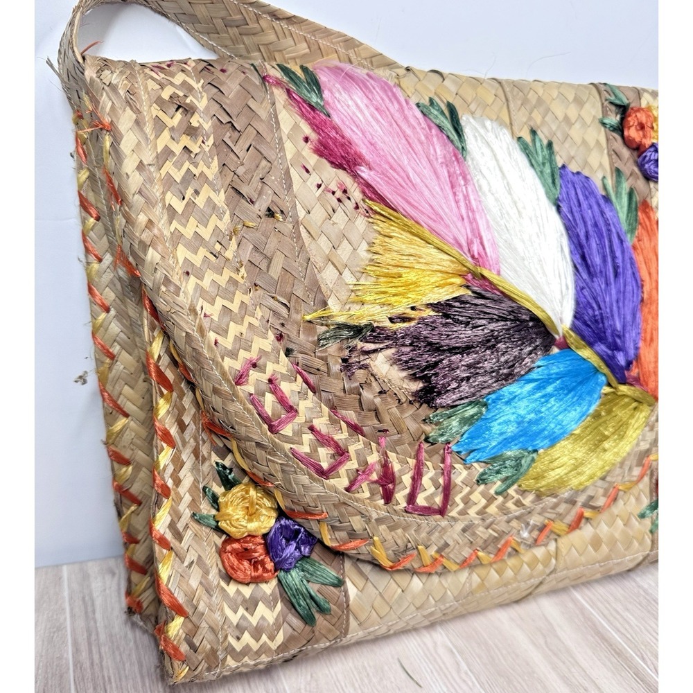 Vintage Woven Straw Raffia Purse Floral Embroidery Boho Tote Bag 13x10 READ - Picture 3 of 13